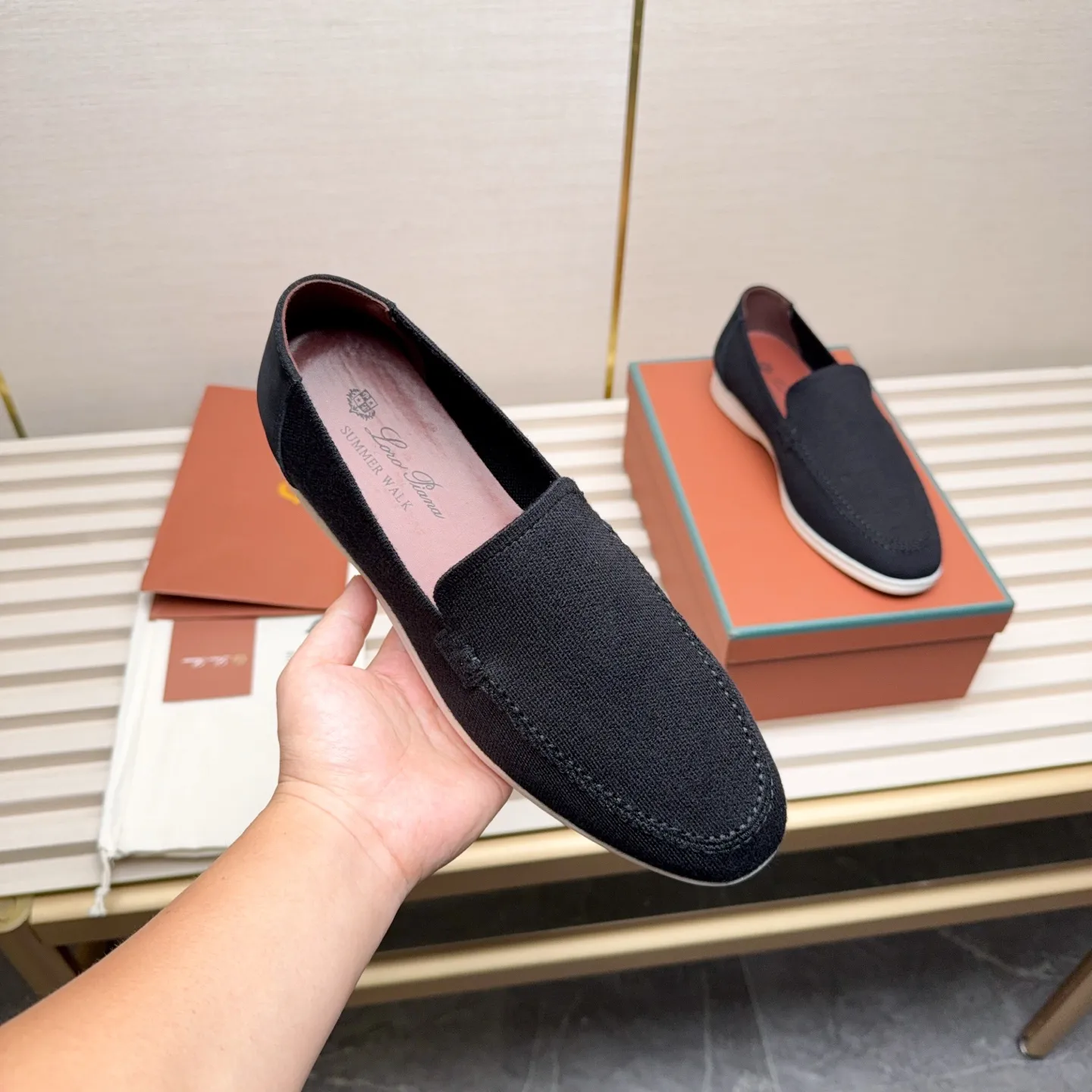 Men's Men's Shoes 💰400 Loro PIana moccasins are made of wish wool fabric. The upper is made of knitted fabric, made on a loom, and then attached to a rubber sole. The Rain System's water-repellent treatment enhances the shoe's functional design, while the suede details give the shoe a sense of elegance and sophistication. Made from Wish, fine wool from Australian and New Zealand Merino sheep